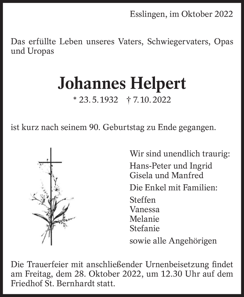  Traueranzeige für Johannes Helpert vom 25.10.2022 aus Eßlinger Zeitung/Cannstatter Zeitung