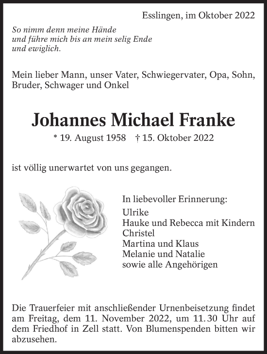 Traueranzeige von Johannes Michael Franke von Eßlinger Zeitung/Cannstatter Zeitung