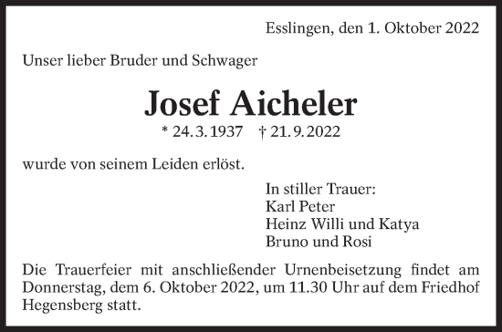 Traueranzeige von Josef Aicheler von Eßlinger Zeitung/Cannstatter Zeitung