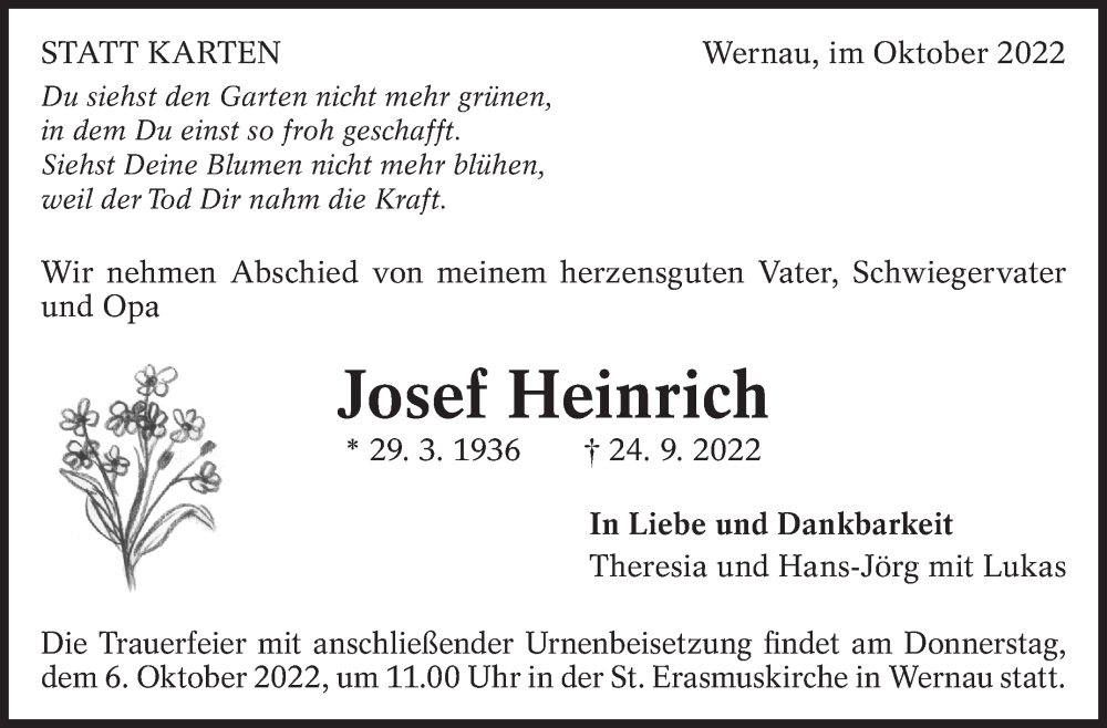  Traueranzeige für Josef Heinrich vom 01.10.2022 aus Eßlinger Zeitung/Cannstatter Zeitung