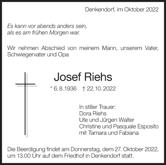 Traueranzeige von Josef Riehs von Eßlinger Zeitung/Cannstatter Zeitung
