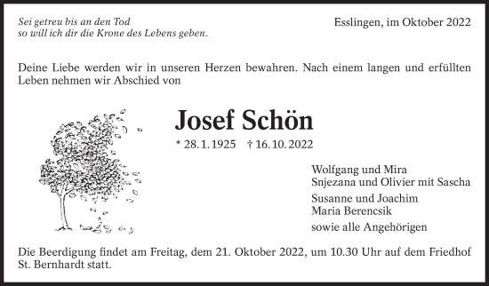 Traueranzeige von Josef Schön von Eßlinger Zeitung/Cannstatter Zeitung