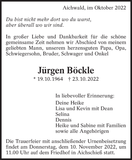 Traueranzeige von Jürgen Böckle von Eßlinger Zeitung/Cannstatter Zeitung