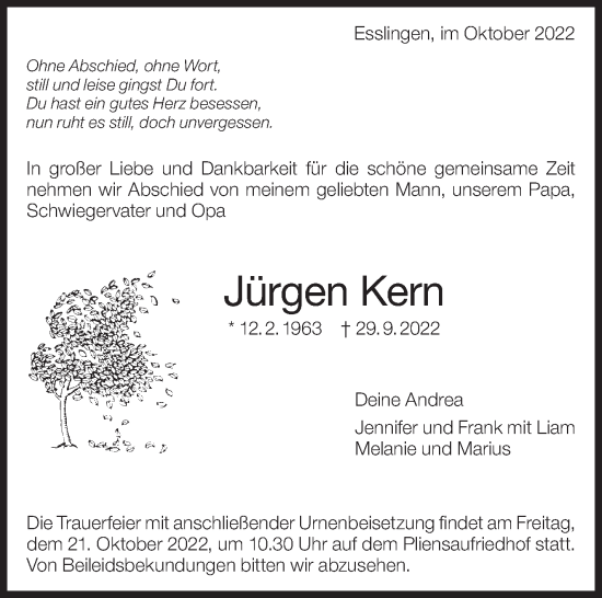 Traueranzeige von Jürgen Kern von Eßlinger Zeitung/Cannstatter Zeitung
