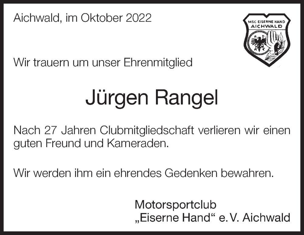  Traueranzeige für Jürgen Rangel vom 29.10.2022 aus Eßlinger Zeitung/Cannstatter Zeitung