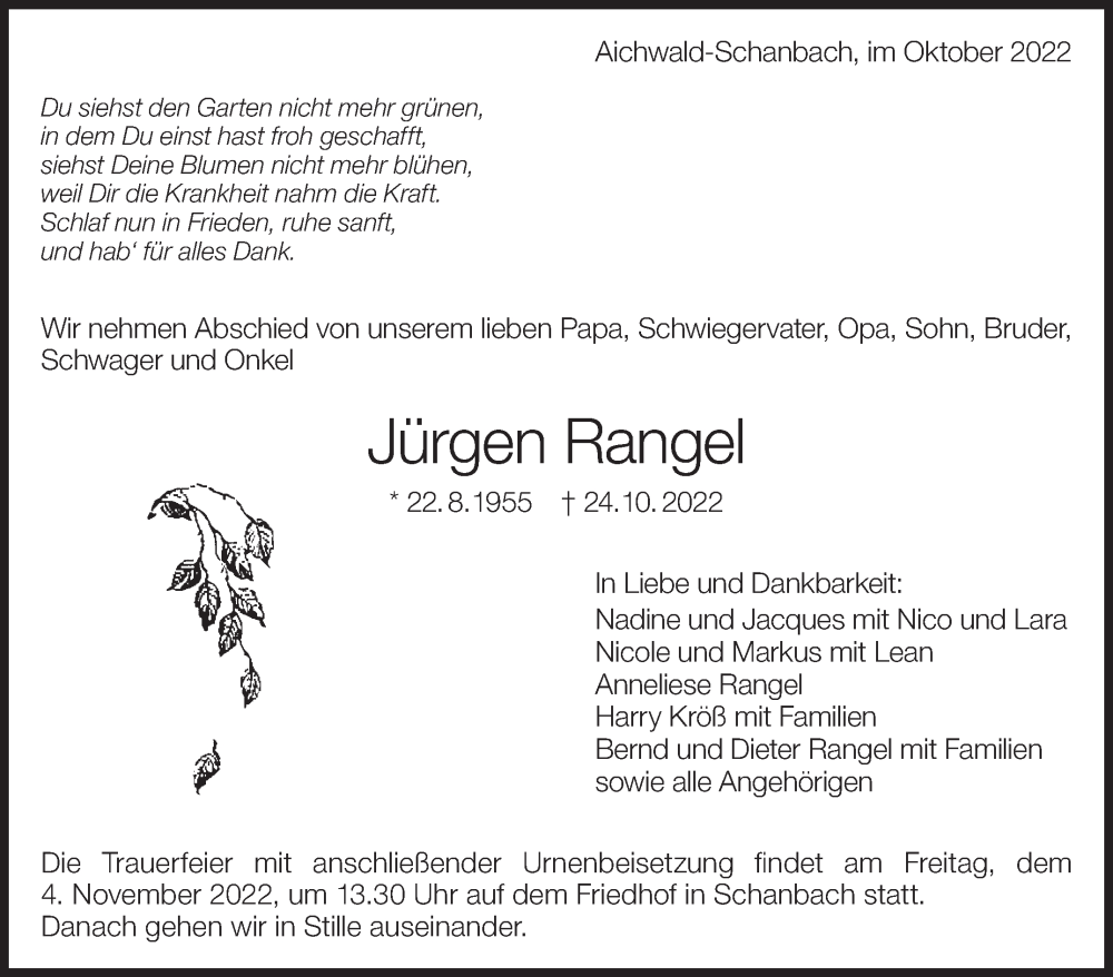  Traueranzeige für Jürgen Rangel vom 29.10.2022 aus Eßlinger Zeitung/Cannstatter Zeitung