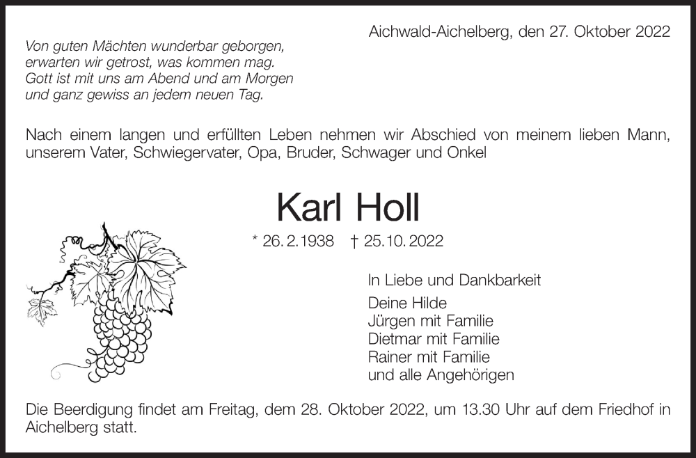 Traueranzeige für Karl Holl vom 27.10.2022 aus Eßlinger Zeitung/Cannstatter Zeitung