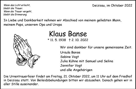 Traueranzeige von Klaus Banse von Eßlinger Zeitung/Cannstatter Zeitung