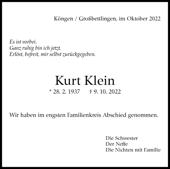 Traueranzeige von Kurt Klein von Eßlinger Zeitung/Cannstatter Zeitung