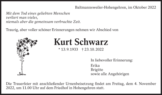 Traueranzeige von Kurt Schwarz von Eßlinger Zeitung/Cannstatter Zeitung