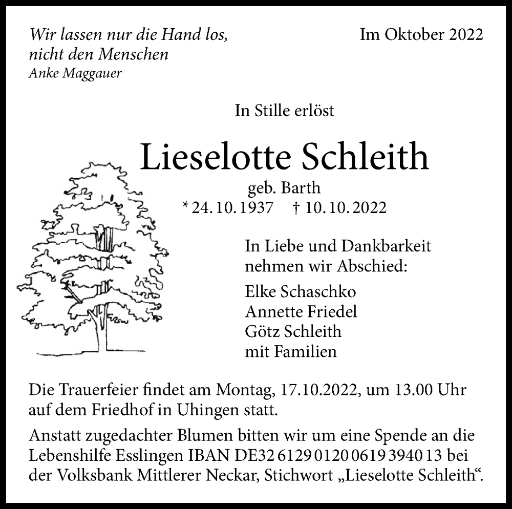  Traueranzeige für Lieselotte Schleith vom 14.10.2022 aus Eßlinger Zeitung/Cannstatter Zeitung