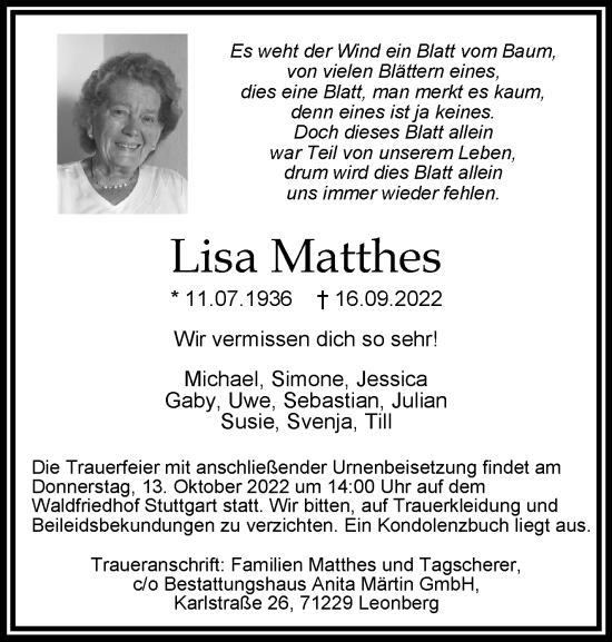 Traueranzeige von Lisa Matthes von Eßlinger Zeitung/Cannstatter Zeitung