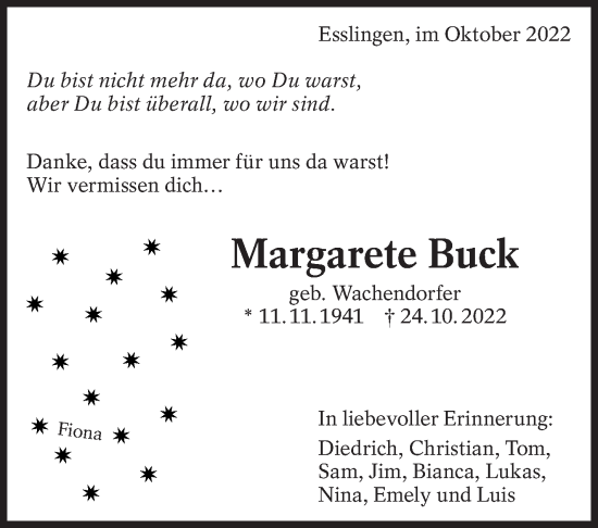 Traueranzeige von Margarete Buck von Eßlinger Zeitung/Cannstatter Zeitung