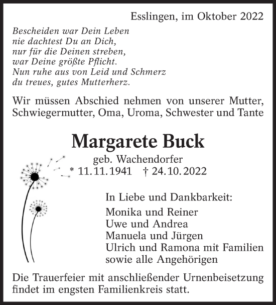 Traueranzeige von Margarete Buck von Eßlinger Zeitung/Cannstatter Zeitung