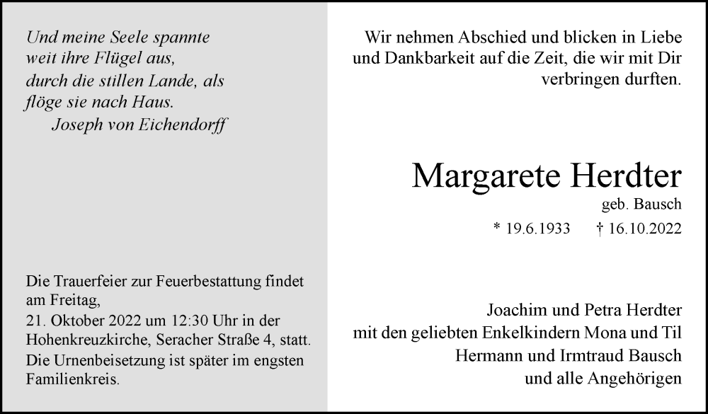  Traueranzeige für Margarete Herdter vom 19.10.2022 aus Eßlinger Zeitung/Cannstatter Zeitung