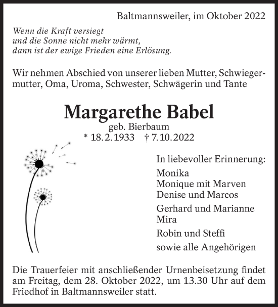 Traueranzeige von Margarethe Babel von Eßlinger Zeitung/Cannstatter Zeitung