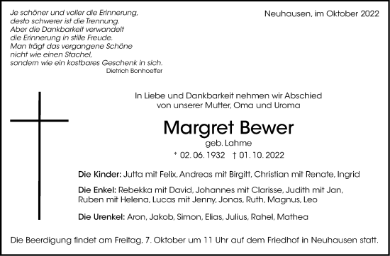 Traueranzeige von Margret Bewer von Eßlinger Zeitung/Cannstatter Zeitung