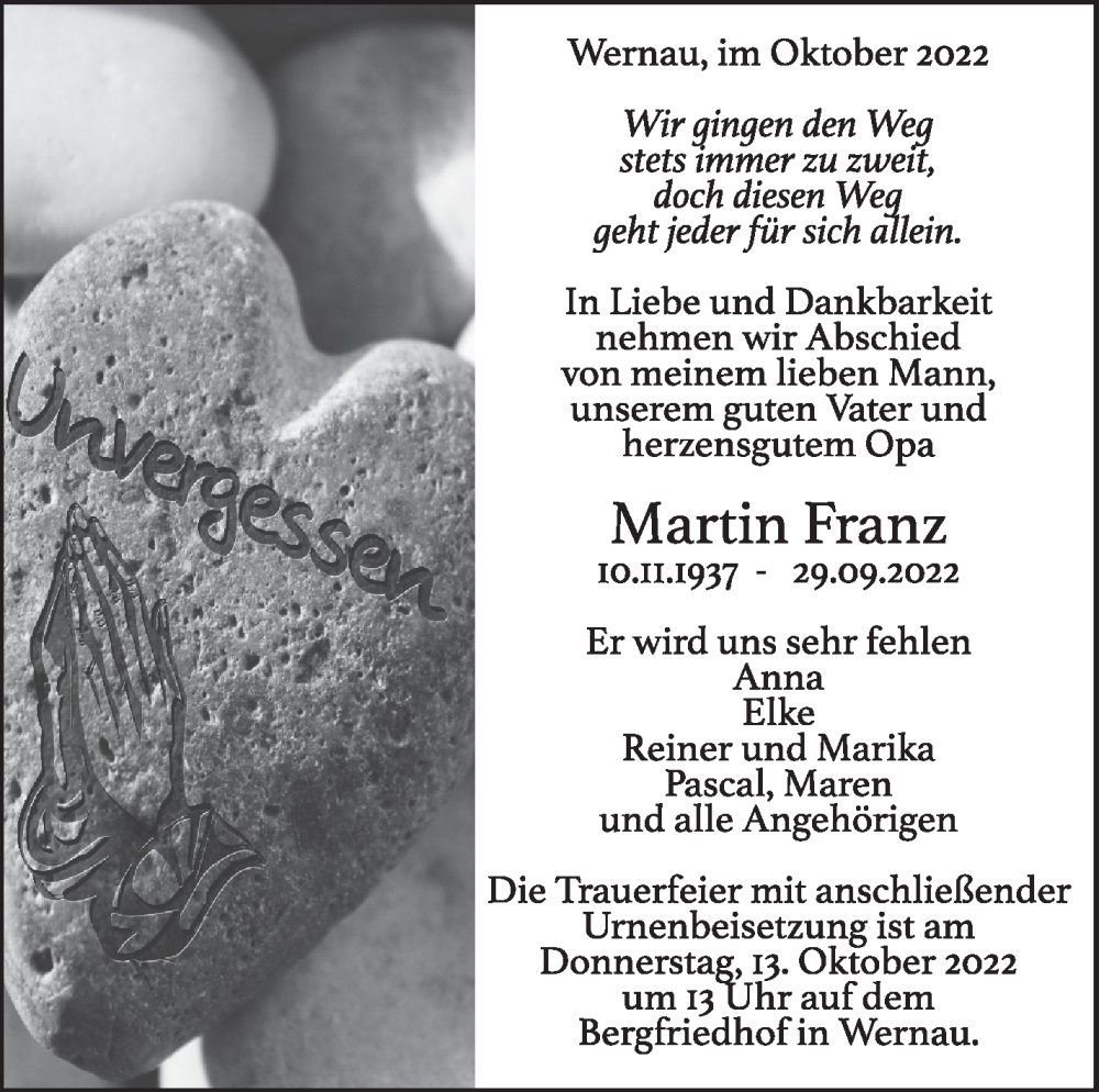  Traueranzeige für Martin Franz vom 08.10.2022 aus Eßlinger Zeitung/Cannstatter Zeitung