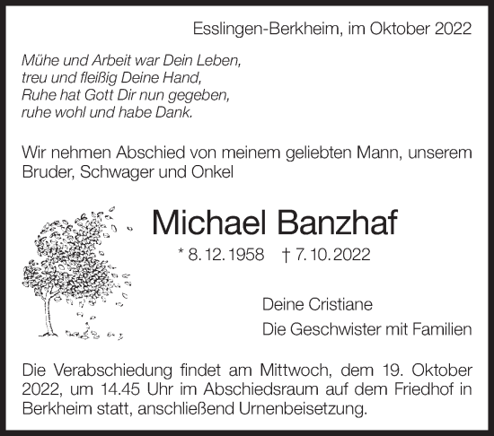 Traueranzeige von Michael Banzhaf von Eßlinger Zeitung/Cannstatter Zeitung
