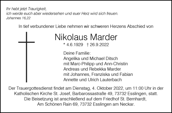 Traueranzeige von Nikolaus Marder von Eßlinger Zeitung/Cannstatter Zeitung