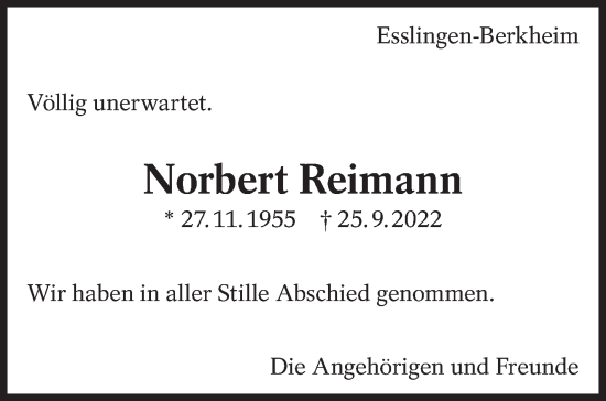 Traueranzeige von Norbert Reimann von Eßlinger Zeitung/Cannstatter Zeitung