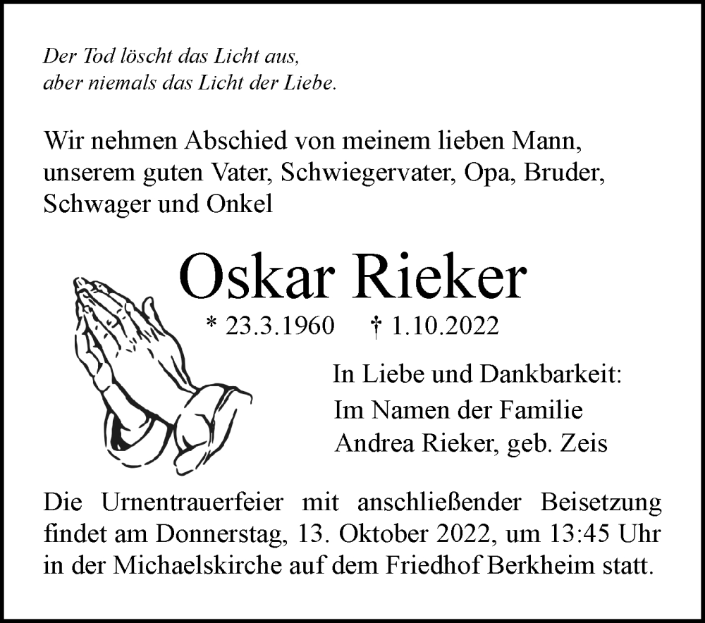  Traueranzeige für Oskar Rieker vom 10.10.2022 aus Eßlinger Zeitung/Cannstatter Zeitung