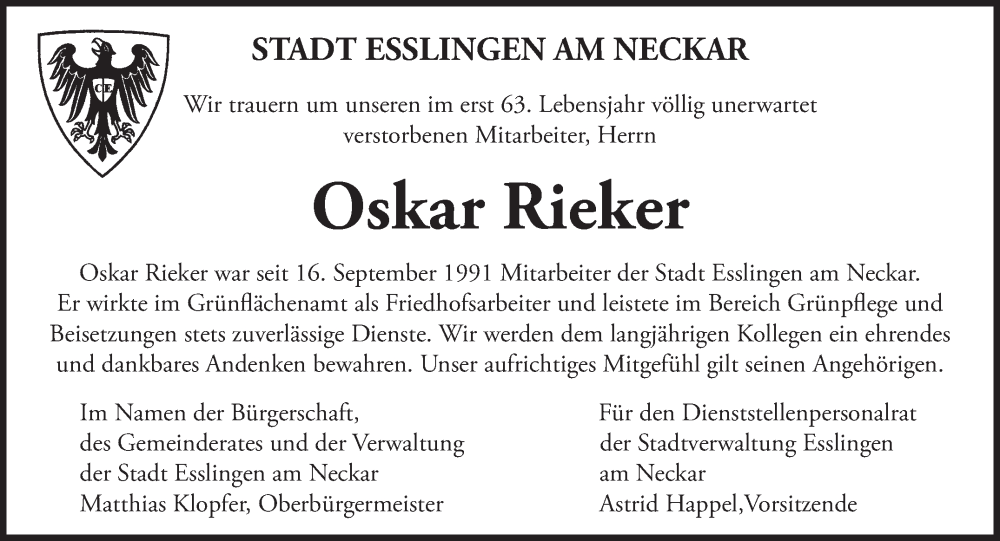  Traueranzeige für Oskar Rieker vom 13.10.2022 aus Eßlinger Zeitung/Cannstatter Zeitung