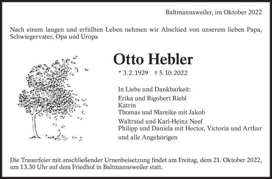 Traueranzeige von Otto Hebler von Eßlinger Zeitung/Cannstatter Zeitung
