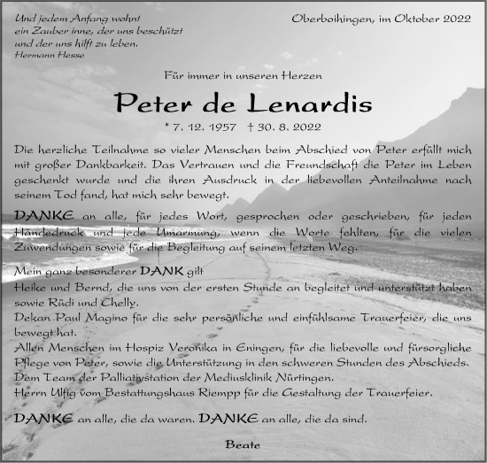 Traueranzeige von Peter de Lenardis von Eßlinger Zeitung/Cannstatter Zeitung