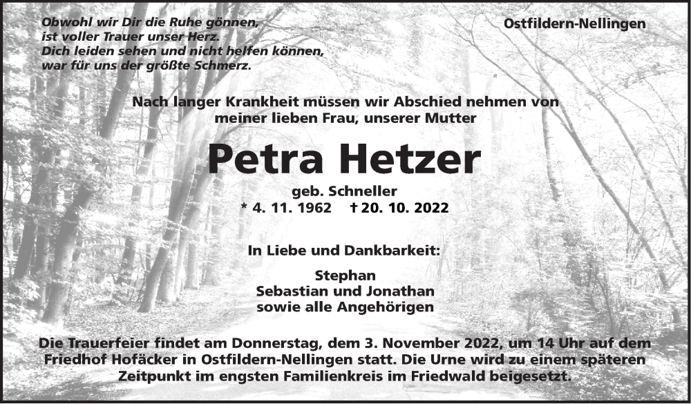  Traueranzeige für Petra Hetzer vom 27.10.2022 aus Eßlinger Zeitung/Cannstatter Zeitung