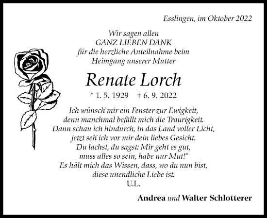 Traueranzeige von Renate Lorch von Eßlinger Zeitung/Cannstatter Zeitung