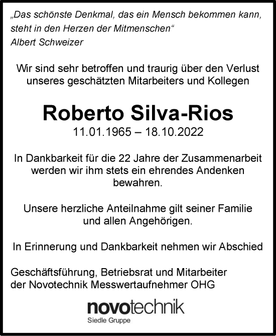 Traueranzeige von Roberto Silva-Rios von Eßlinger Zeitung/Cannstatter Zeitung