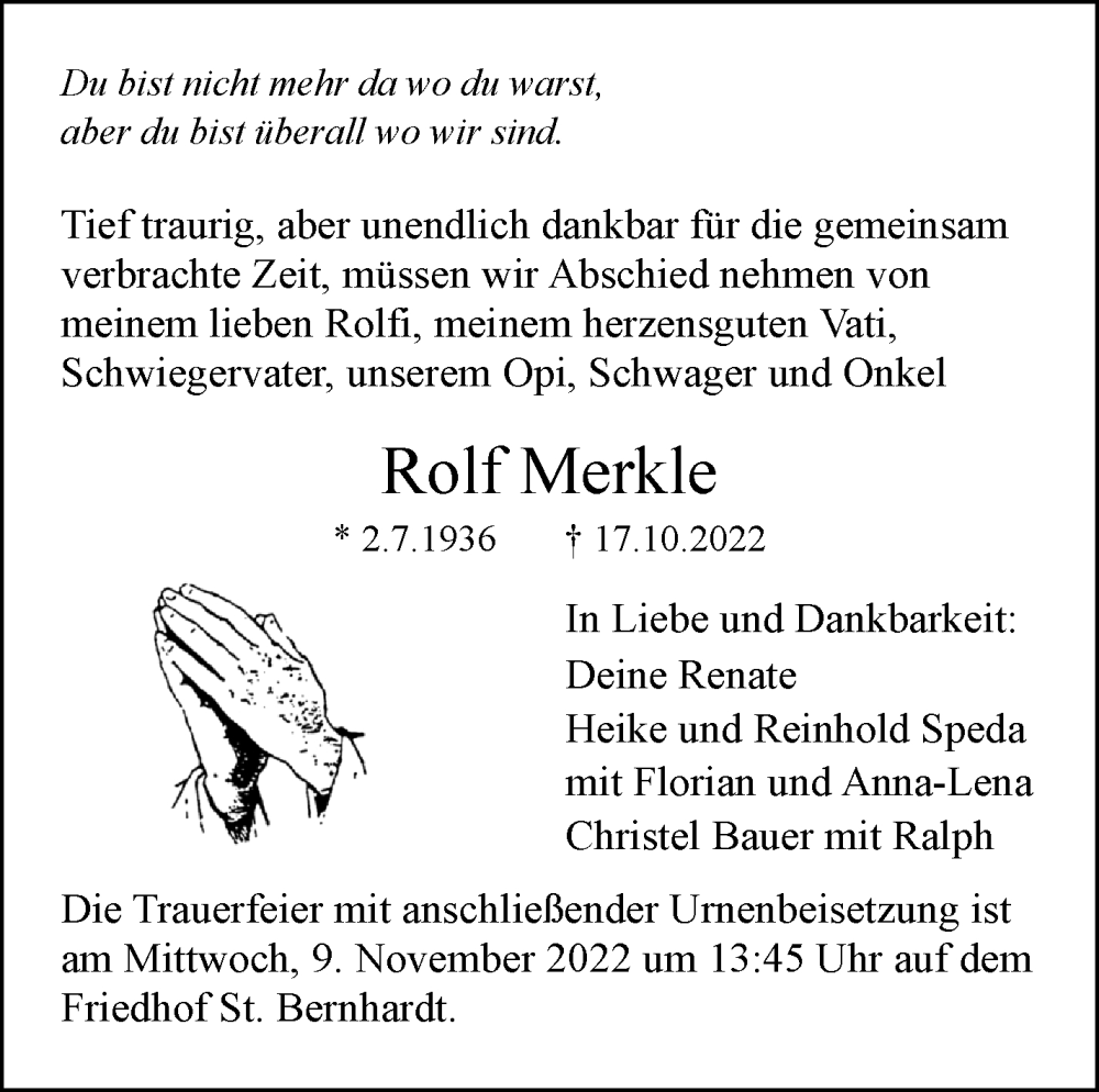  Traueranzeige für Rolf Merkle vom 28.10.2022 aus Eßlinger Zeitung/Cannstatter Zeitung
