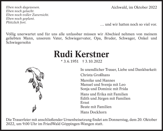 Traueranzeige von Rudi Kerstner von Eßlinger Zeitung/Cannstatter Zeitung