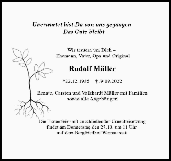 Traueranzeige von Rudolf Müller von Eßlinger Zeitung/Cannstatter Zeitung