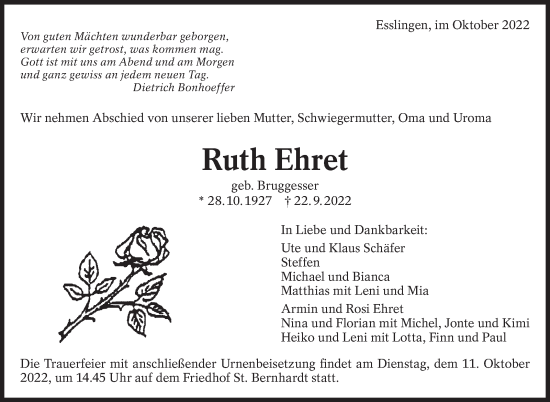 Traueranzeige von Ruth Ehret von Eßlinger Zeitung/Cannstatter Zeitung