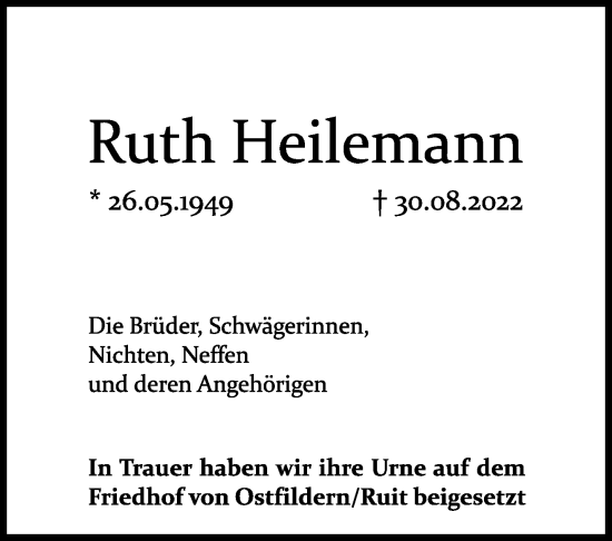 Traueranzeige von Ruth Heilemann von Eßlinger Zeitung/Cannstatter Zeitung
