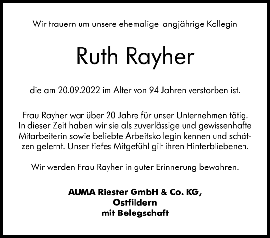 Traueranzeige von Ruth Rayher von Eßlinger Zeitung/Cannstatter Zeitung