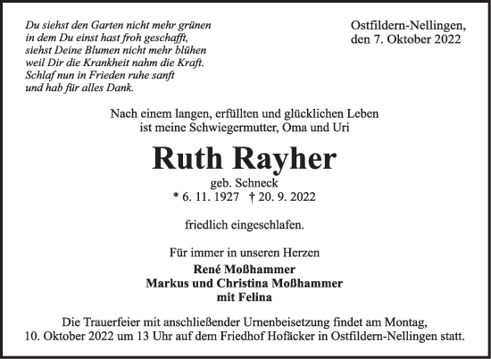 Traueranzeige von Ruth Rayher von Eßlinger Zeitung/Cannstatter Zeitung