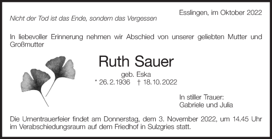 Traueranzeige von Ruth Sauer von Eßlinger Zeitung/Cannstatter Zeitung