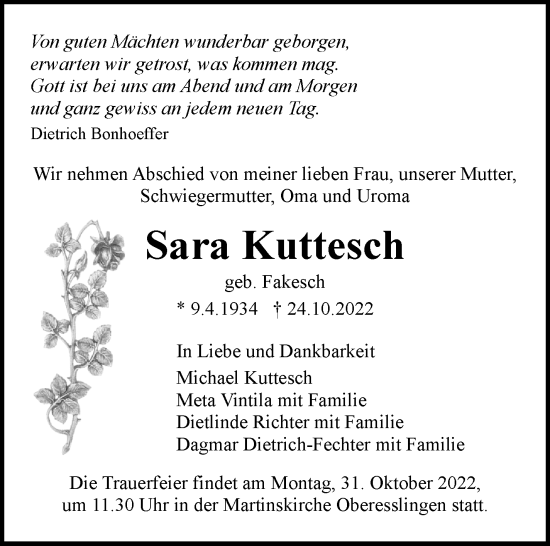 Traueranzeige von Sara Kuttesch von Eßlinger Zeitung/Cannstatter Zeitung