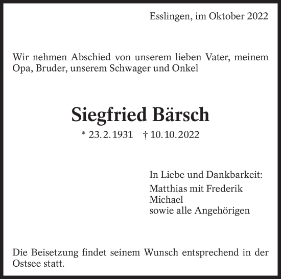 Traueranzeige von Siegfried Bärsch von Eßlinger Zeitung/Cannstatter Zeitung