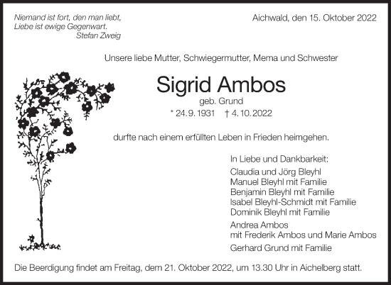 Traueranzeige von Sigrid Ambos von Eßlinger Zeitung/Cannstatter Zeitung