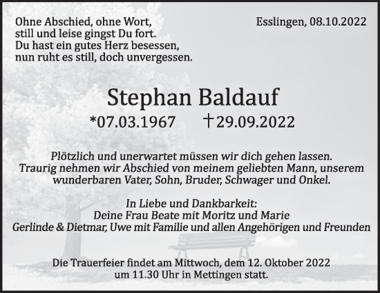 Traueranzeige von Stephan Baldauf von Eßlinger Zeitung/Cannstatter Zeitung