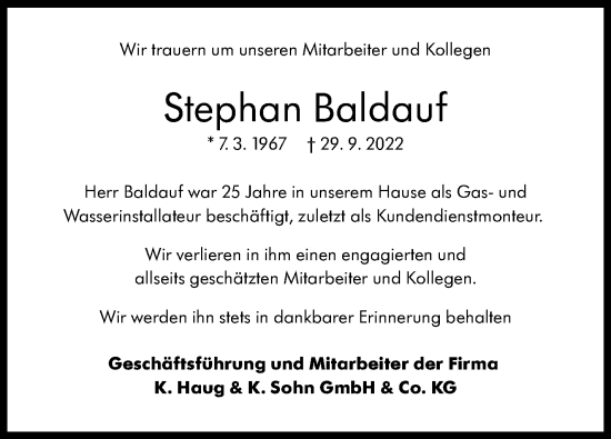 Traueranzeige von Stephan Baldauf von Eßlinger Zeitung/Cannstatter Zeitung