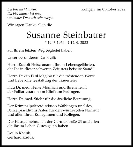 Traueranzeige von Susanne Steinbauer von Eßlinger Zeitung/Cannstatter Zeitung