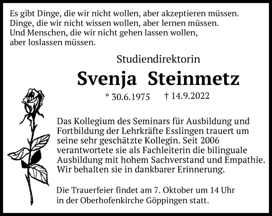 Traueranzeige von Svenja Steinmetz von Eßlinger Zeitung/Cannstatter Zeitung