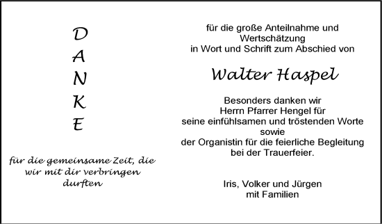 Traueranzeige von Walter Haspel von Eßlinger Zeitung/Cannstatter Zeitung
