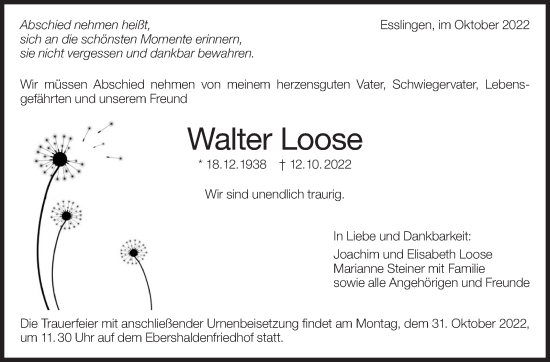 Traueranzeige von Walter Loose von Eßlinger Zeitung/Cannstatter Zeitung