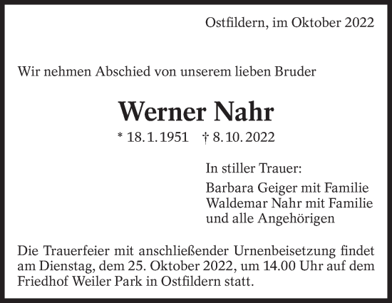 Traueranzeige von Werner Nahr von Eßlinger Zeitung/Cannstatter Zeitung